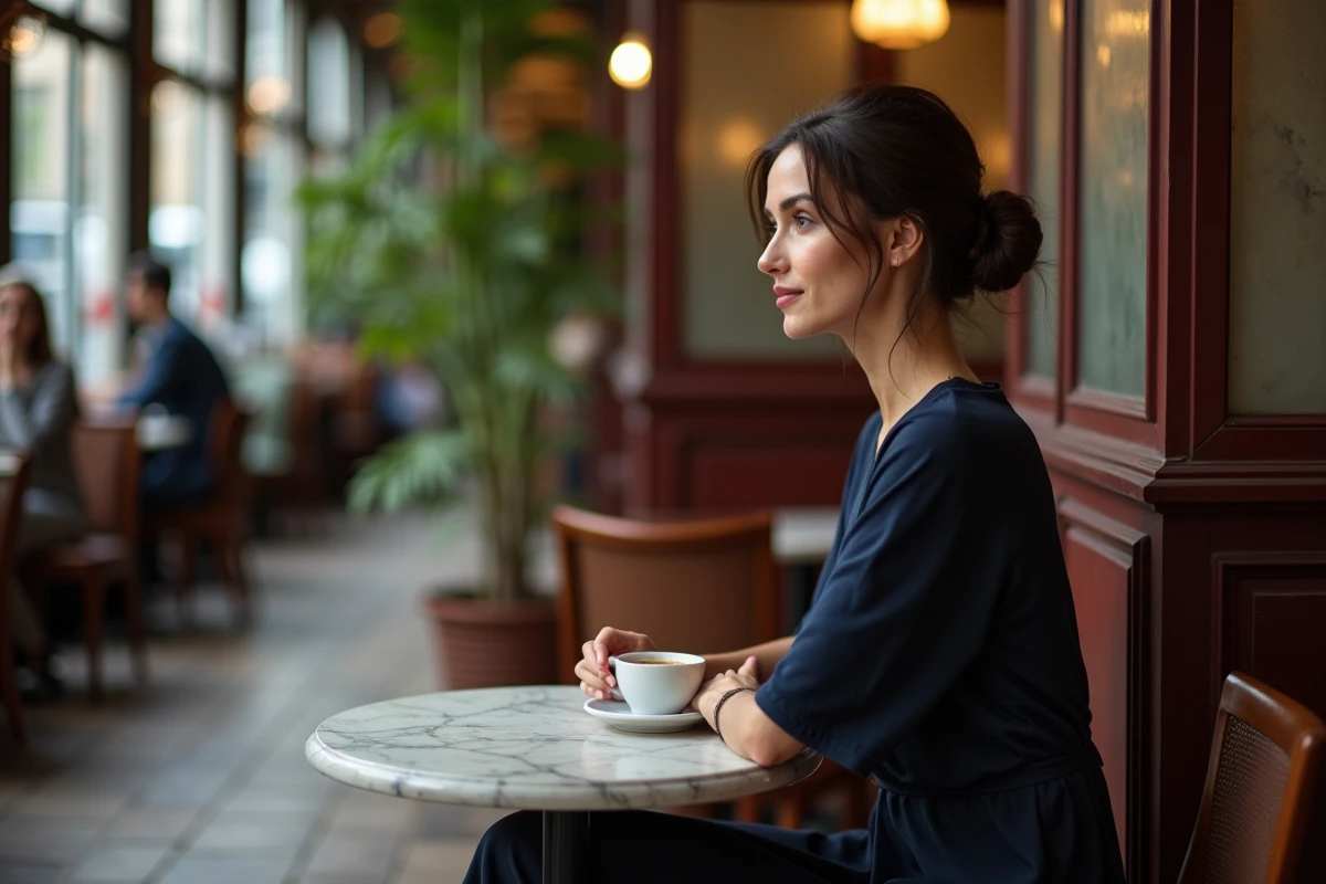 Femme actrice assise seule dans un café parisien, regard pensif évoquant la vie privée préservée d'une personnalité publique mariée