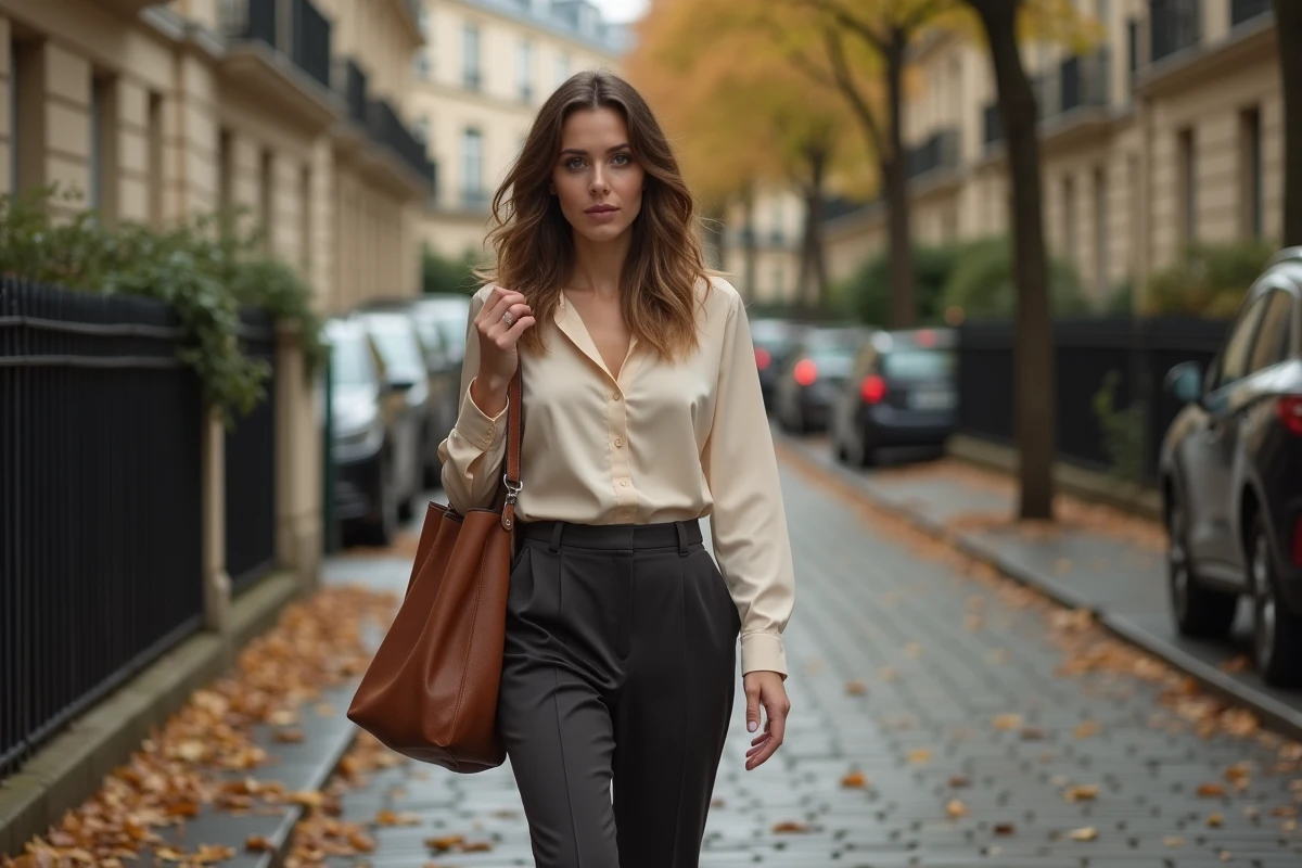 Femme élégante marchant seule dans une rue pavée parisienne en automne, illustrant la discrétion d'une actrice sur sa vie de couple