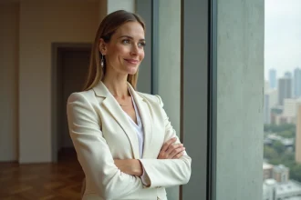 Actrice élégante en blazer ivoire debout seule dans un appartement moderne, exprimant discrétion et assurance sur sa vie privée