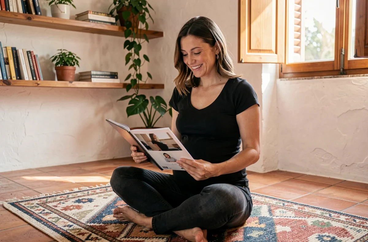 Future maman consultant un album photo de grossesse dans un intérieur catalan à Perpignan