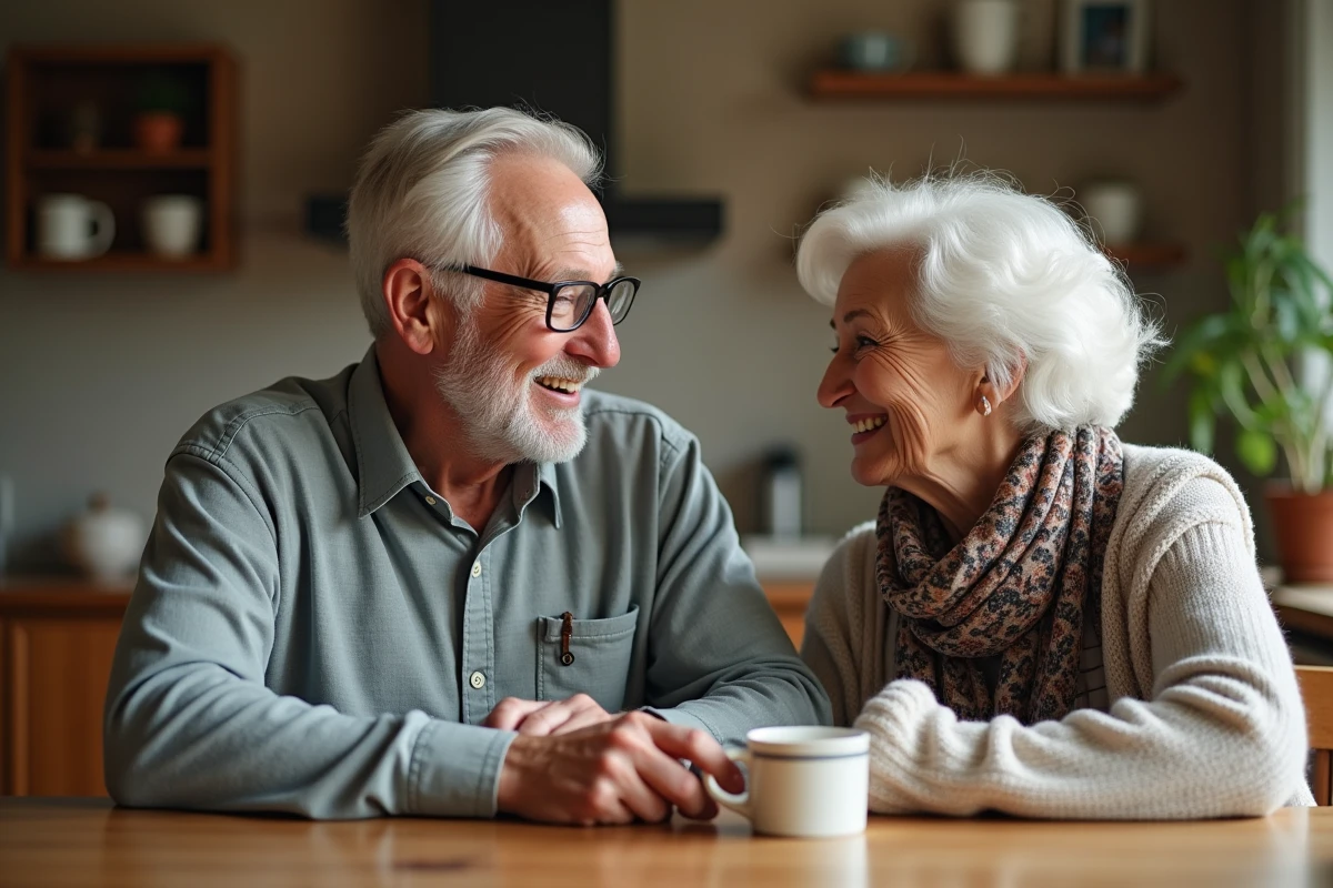 Deux amis &acirc;g&eacute;s discutant &agrave; une table de cuisine chaleureuse