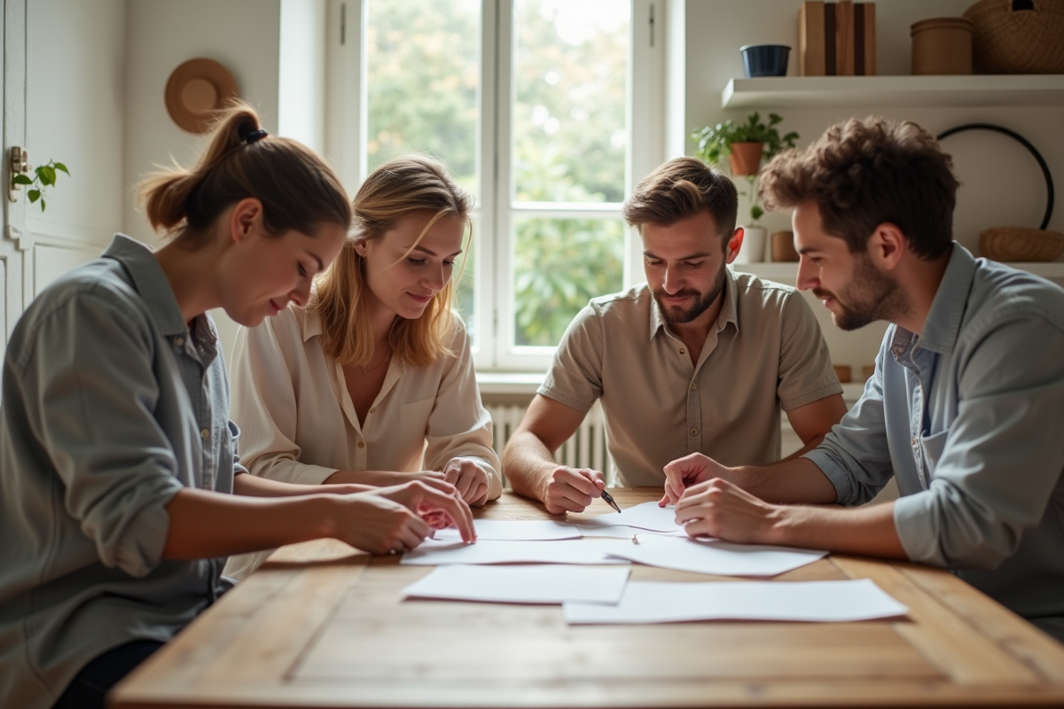 Quatre amis assemblant invitations de mariage dans la cuisine