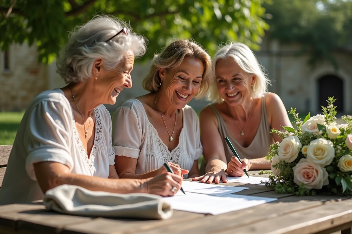 Amis signant un document de mariage dans un jardin ensoleille