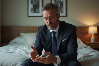 Homme pensif regardant son alliance en main dans une chambre