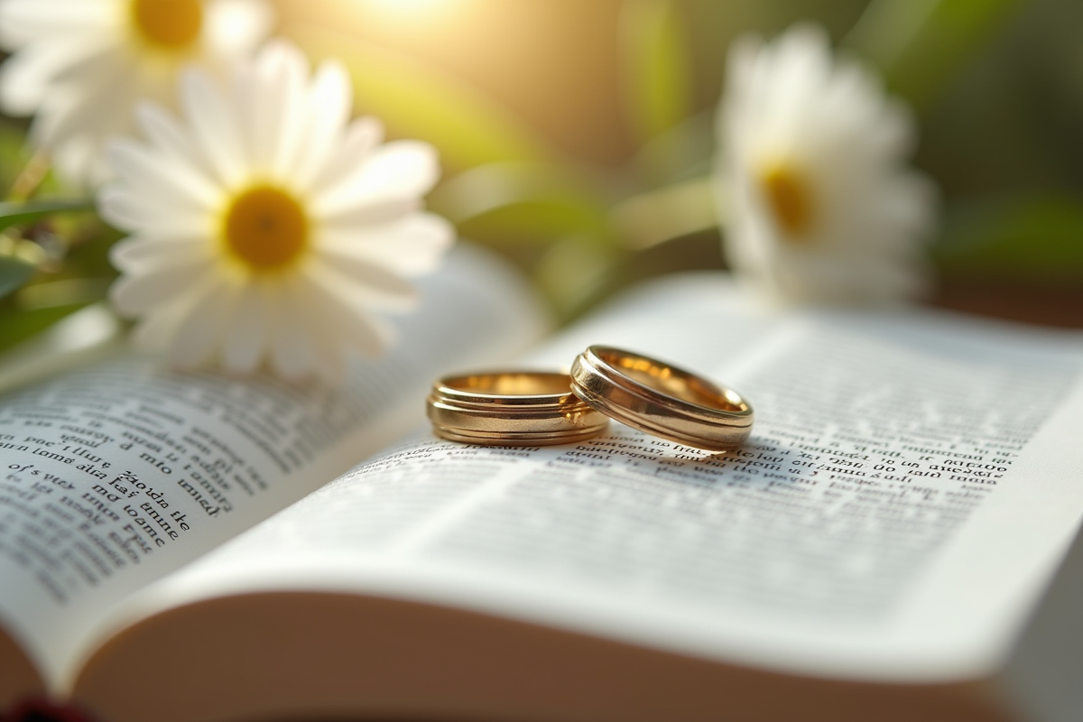 Anneaux de mariage sur une Bible ouverte avec fleurs blanches