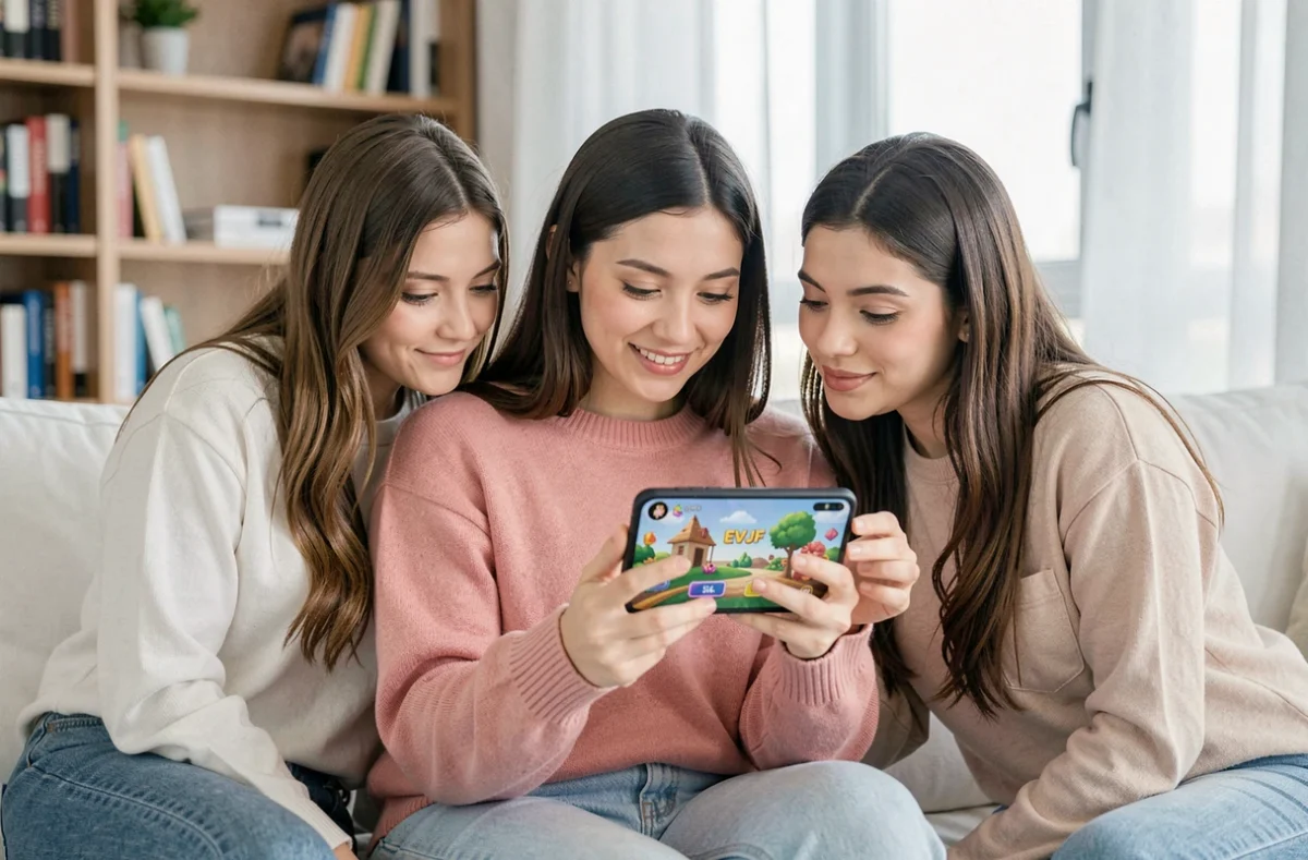 Jeunes femmes utilisant une application mobile de jeu EVJF sur un canapé dans un appartement moderne