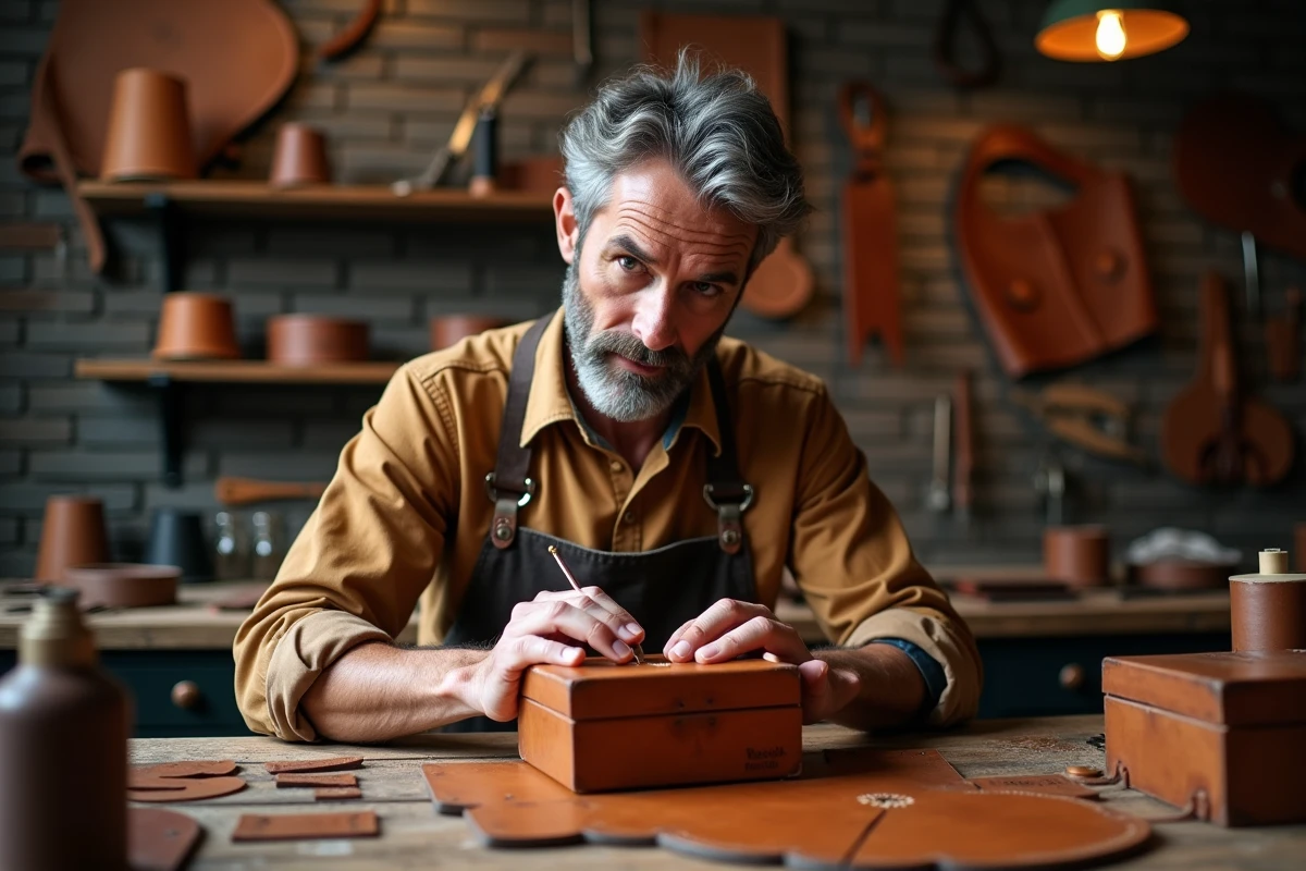 Artisan maroquinier fabriquant à la main un cadeau en cuir personnalisé pour des noces de cuir