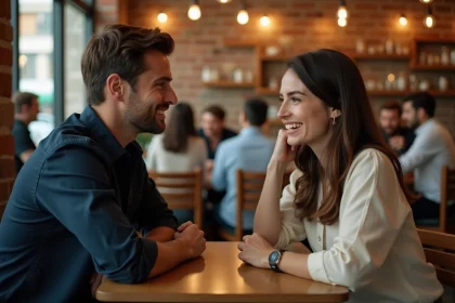 Un homme et une femme trentenaires en conversation sincère dans un café parisien, illustrant les attentes non dites dans une relation de couple