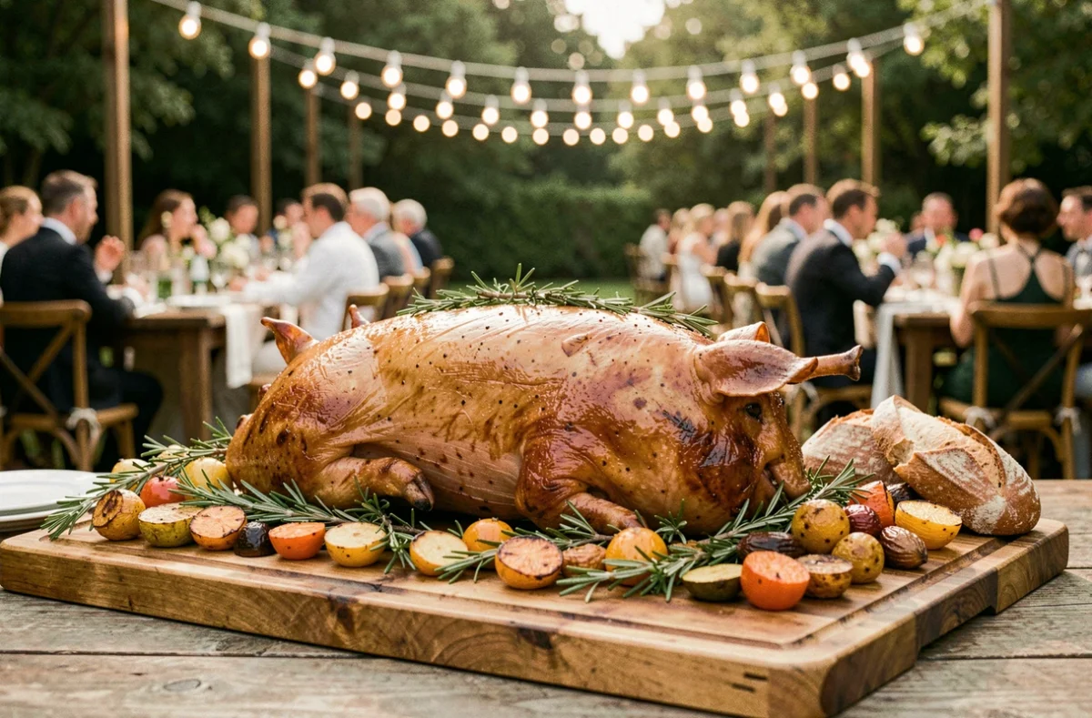 Cochon de lait rôti entier présenté par Au Cochon Qui Dort pour un mariage champêtre en plein air en Normandie