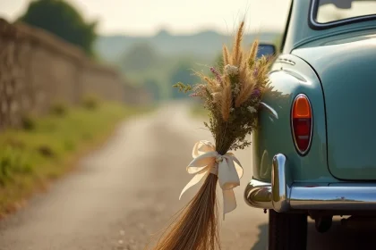 Balai de mariage écologique en blé séché et fleurs sauvages attaché à l'arrière d'une voiture de mariage sur un chemin de campagne