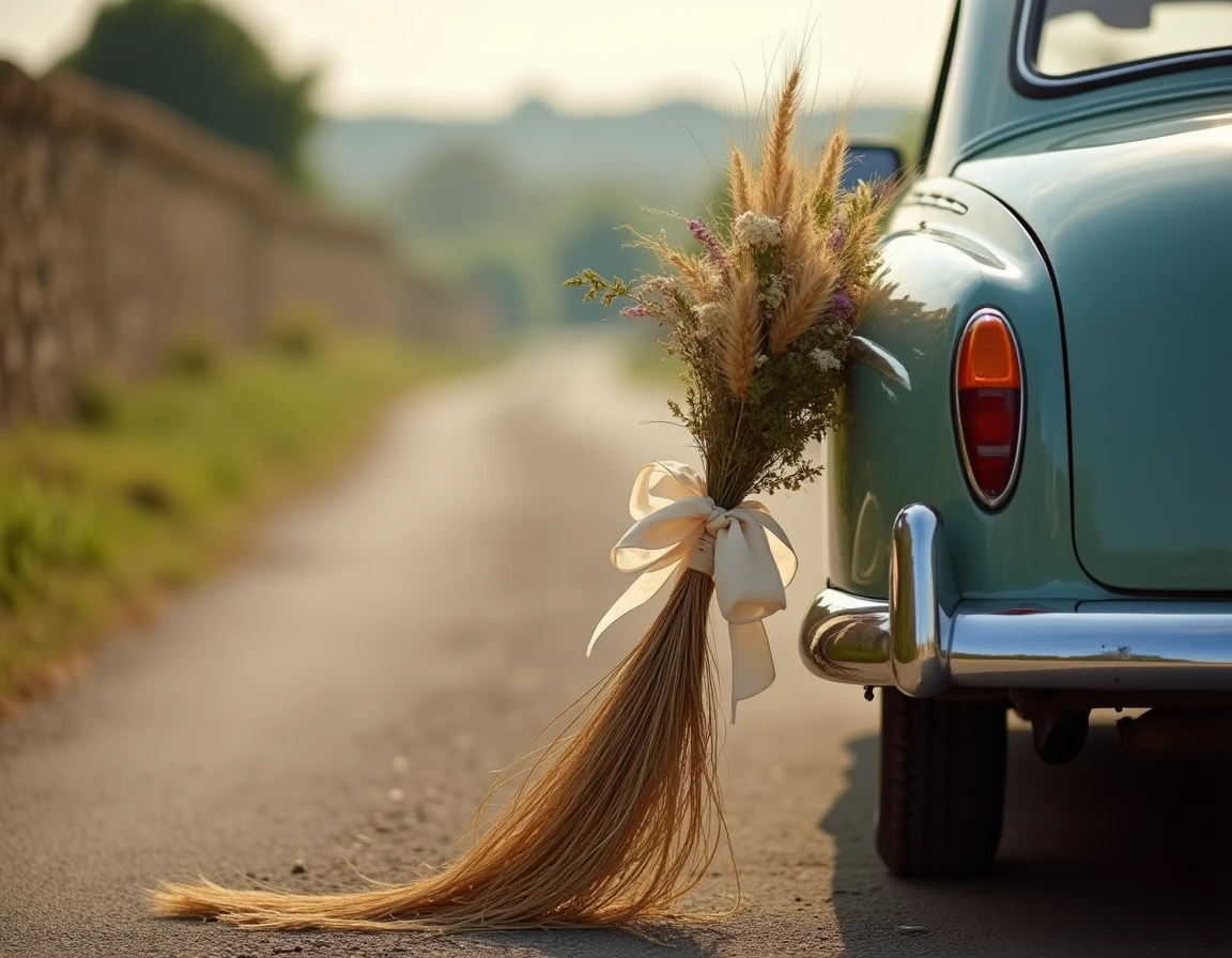 Balai de mariage écologique en blé séché et fleurs sauvages attaché à l'arrière d'une voiture de mariage sur un chemin de campagne