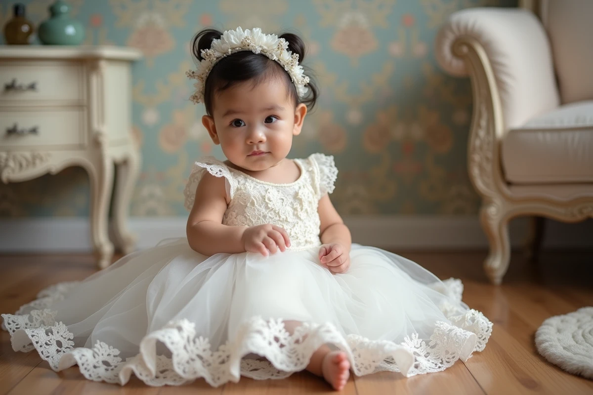 Bébé fille en robe de mariage en dentelle blanche