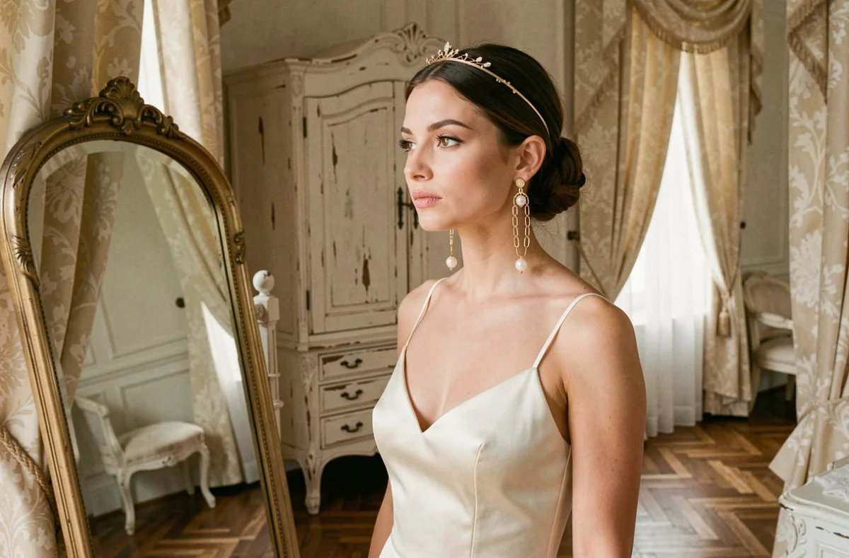 Femme en robe de mariée satin avec tiare dorée et boucles d'oreilles chandelier perles, se reflétant dans un miroir doré dans une suite de château
