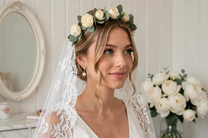 Mariée portant un voile en dentelle, une couronne florale en roses ivoire et des boucles d'oreilles perles dorées, dans une salle de préparation lumineuse et élégante