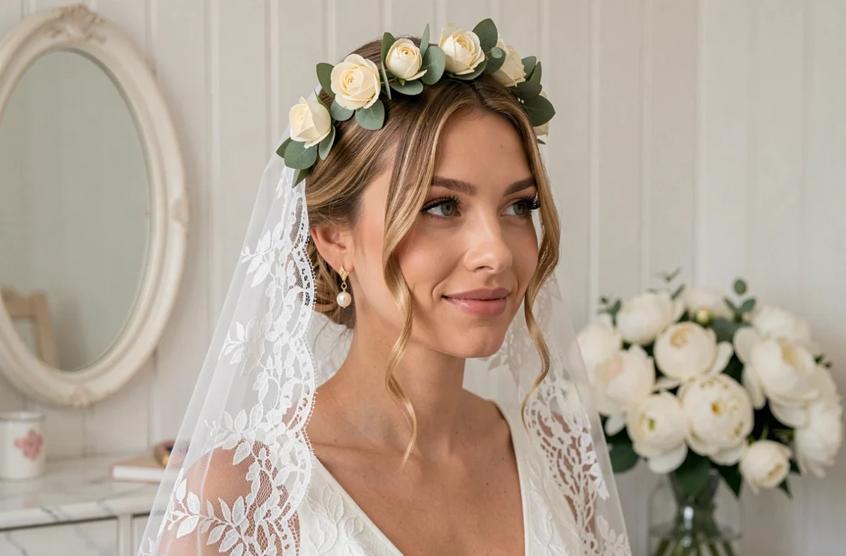 Mariée portant un voile en dentelle, une couronne florale en roses ivoire et des boucles d'oreilles perles dorées, dans une salle de préparation lumineuse et élégante