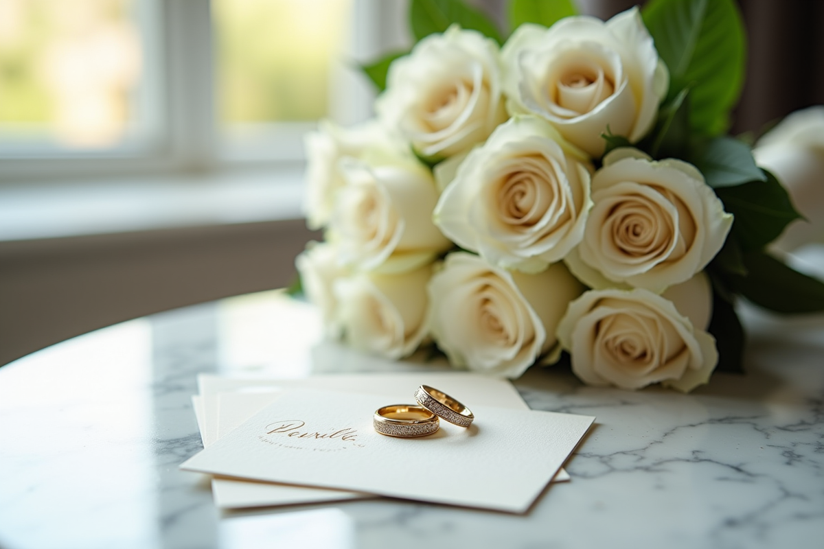 Bouquet de roses blanches avec alliances sur marbre