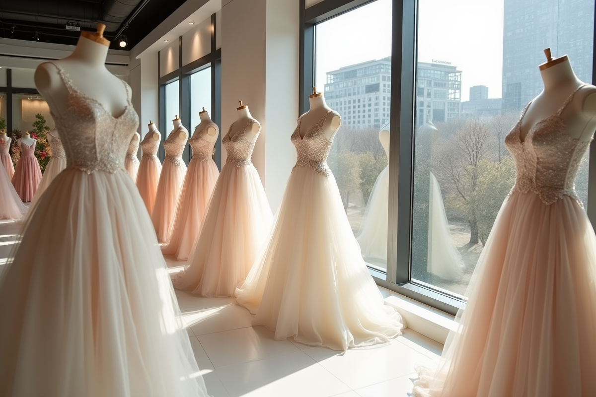 Boutique de mariage moderne avec robes et échantillons de couleurs tendance