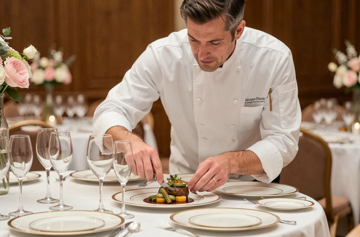 Chef de Briffaut Traiteur en tenue blanche dressant une assiette gastronomique lors d'un dîner de mariage raffiné
