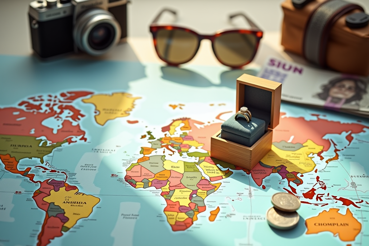 Composition avec bague, carte du monde et argent pour lune de miel