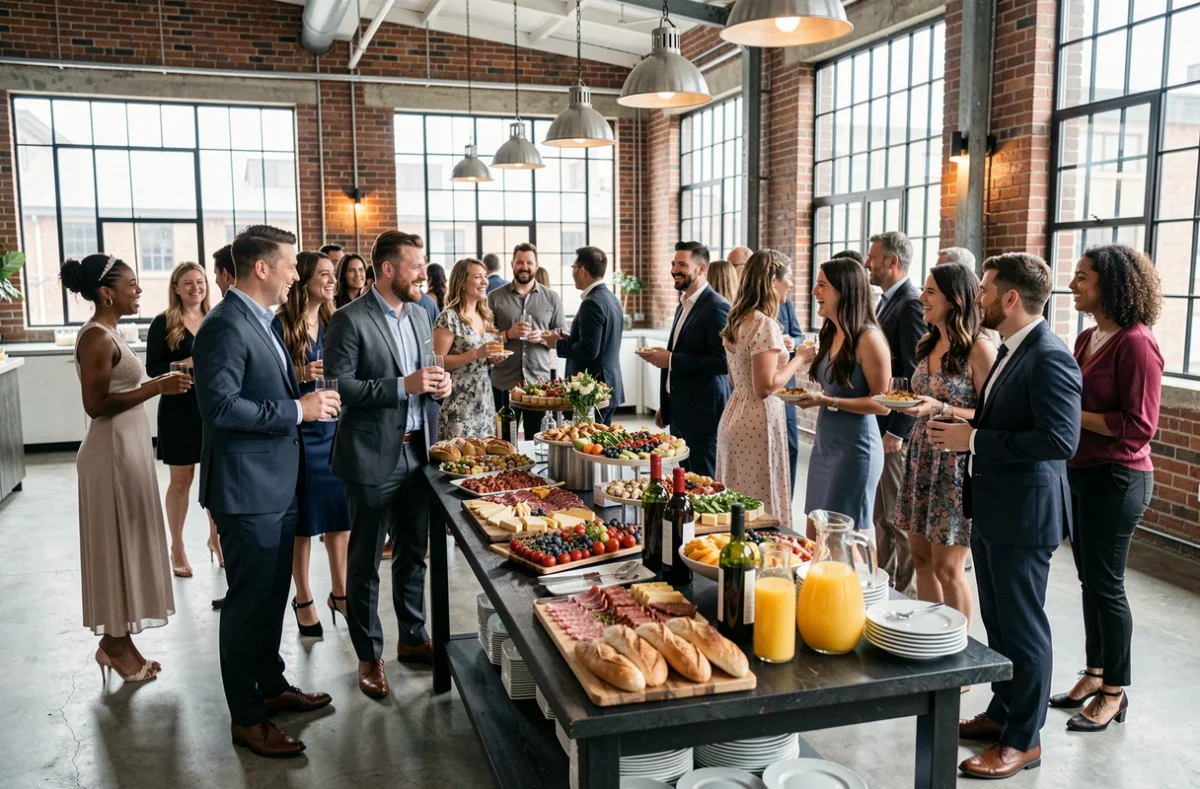 Buffet cocktail mariage festif et économique avec invités souriants dans un loft industriel pour un mariage de 100 personnes