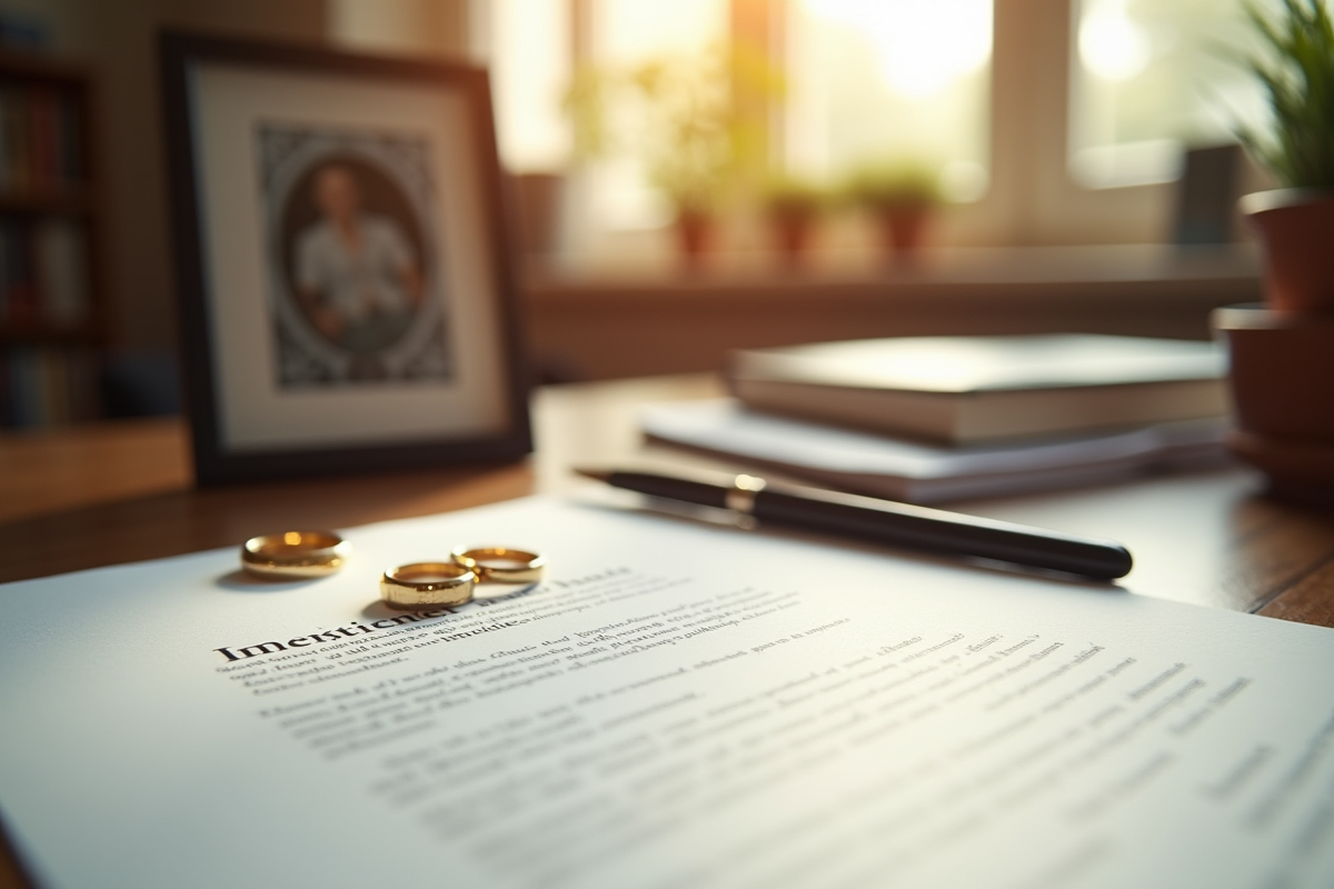 Bureau d avocat avec document d héritage et alliances dorées