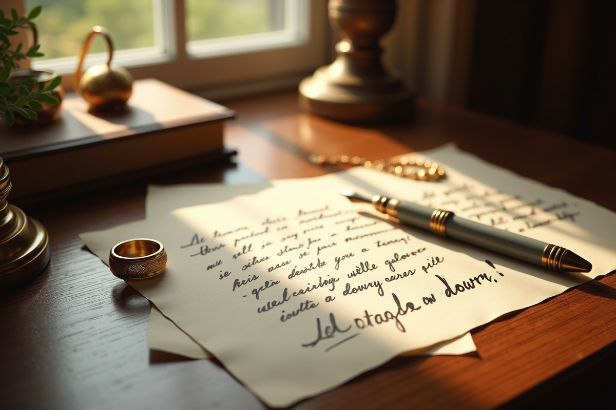 Bureau en bois éclairé avec une lettre manuscrite et bijoux dorés