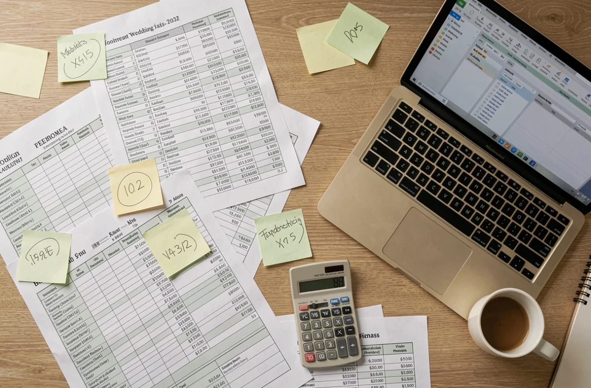 Bureau de wedding planner avec devis, notes de budget et calculatrice représentant les erreurs de tarification