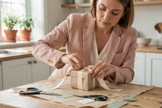 Femme préparant soigneusement un cadeau élégant pour ses témoins de mariage sur une table en bois