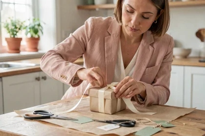 Femme préparant soigneusement un cadeau élégant pour ses témoins de mariage sur une table en bois