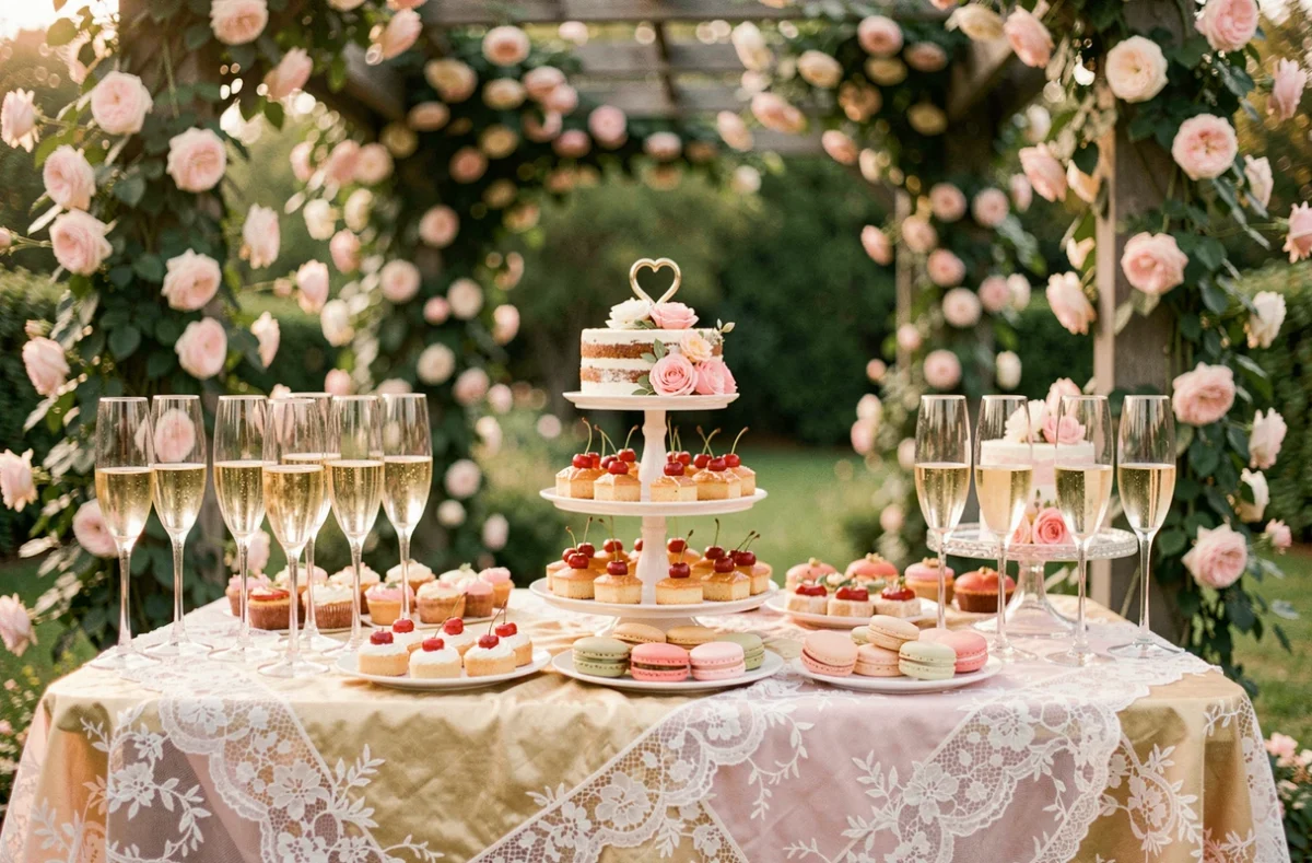 Table de desserts romantique avec macarons, petits fours et flûtes de champagne préparée par Champagne et Cerise Traiteur pour un mariage