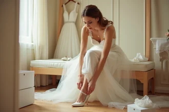Mariée essayant d'enfiler des chaussures blanches trop petites dans une salle d'habillage, illustrant les erreurs de taille pour le mariage