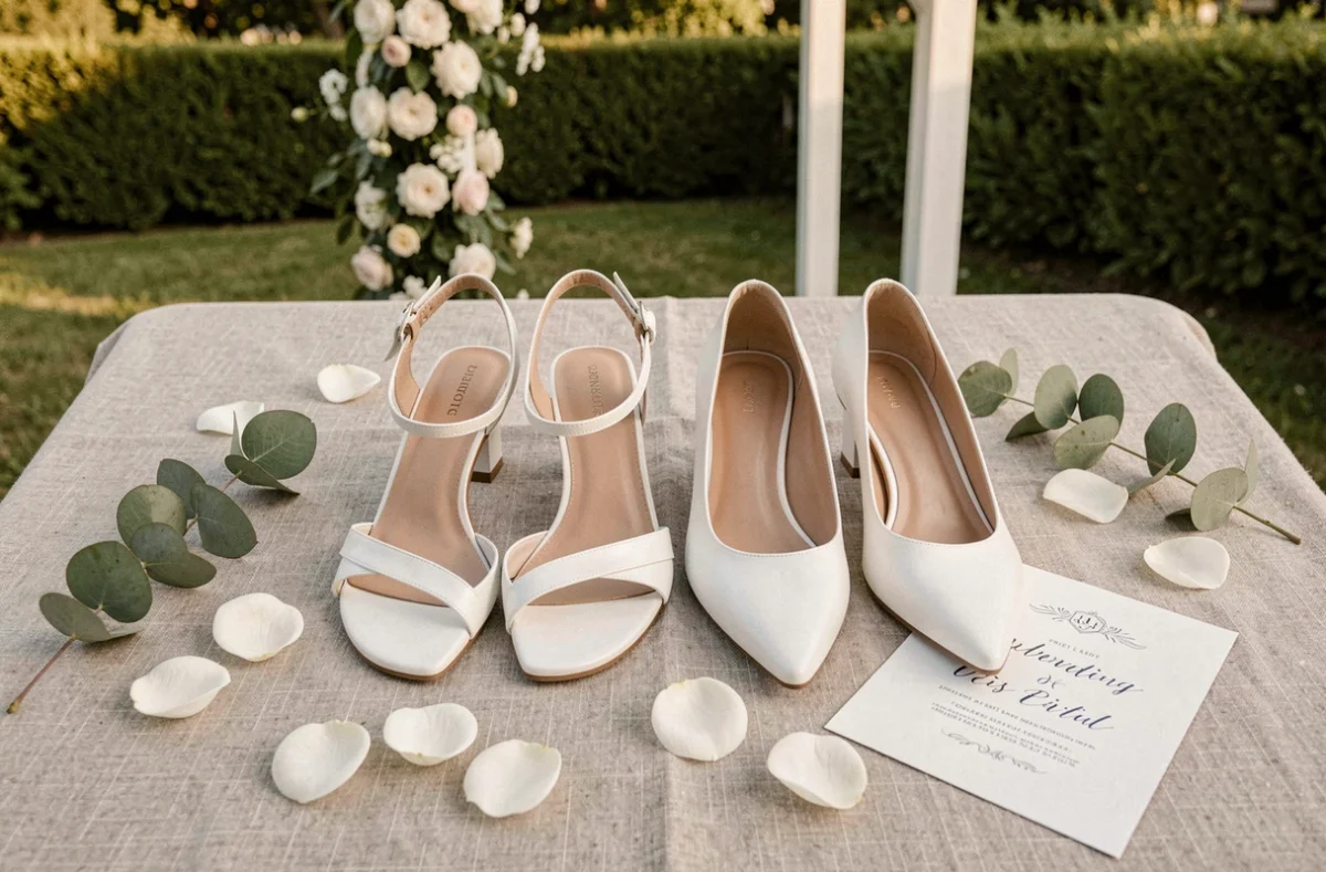 Deux modèles de chaussures blanches de mariage, sandales plates et escarpins, présentés en flat lay sur lin avec pétales de roses et décoration florale de jardin