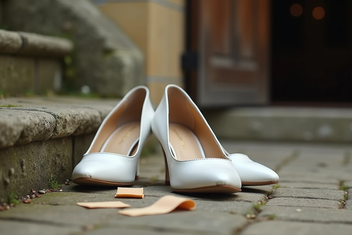 Chaussures blanches de mariée déformées posées sur des marches en pierre d'église avec un pansement anti-ampoule, erreur de taille au mariage