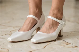 Chaussures femme blanches de mariage en satin avec bride cheville et détails en perle sur marbre ivoire