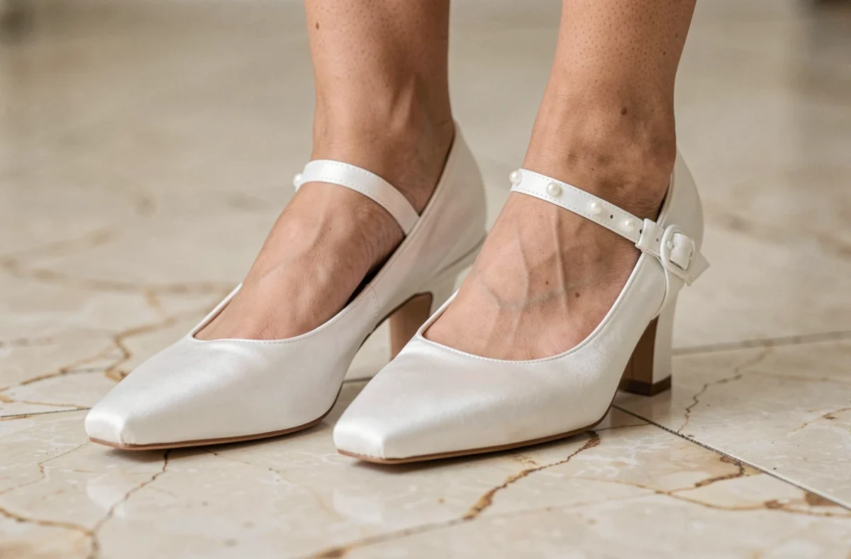 Chaussures femme blanches de mariage en satin avec bride cheville et détails en perle sur marbre ivoire
