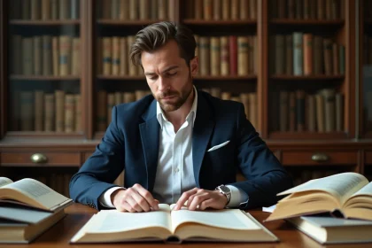 Homme en costume dans une salle d archives ancienne