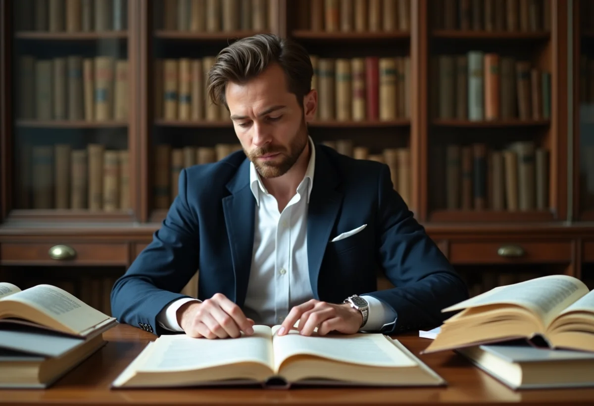 Homme en costume dans une salle d archives ancienne