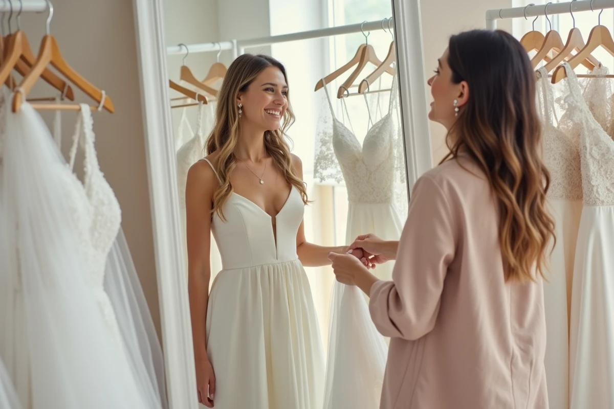 Deux amies choisissant une robe de mariée pas chère dans une boutique moderne avec des robes sur cintre