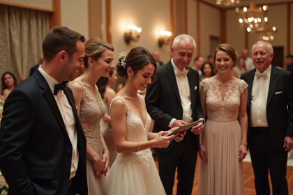 Groupe de jeunes et familles lors d'un mariage élégant