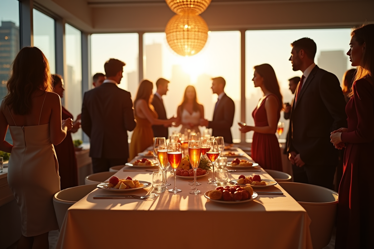 Soirée cocktail élégante dans un loft moderne ensoleille