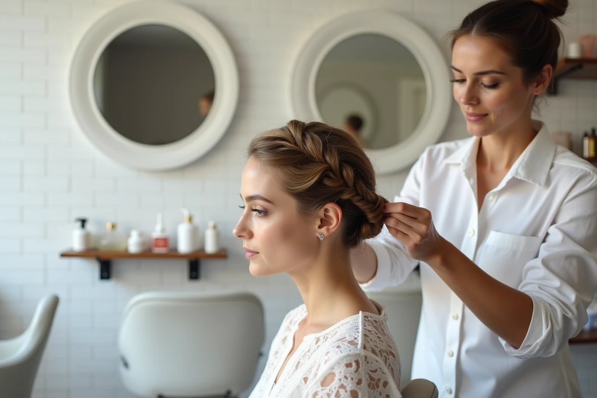 Coiffeuse professionnelle fixant une natte hollandaise sur un carré court de mariée dans un salon de coiffure contemporain