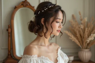 Femme en robe de mariée ivoire avec une coiffure natte tressée sur carré court, ornée de perles, devant un miroir de coiffeuse vintage