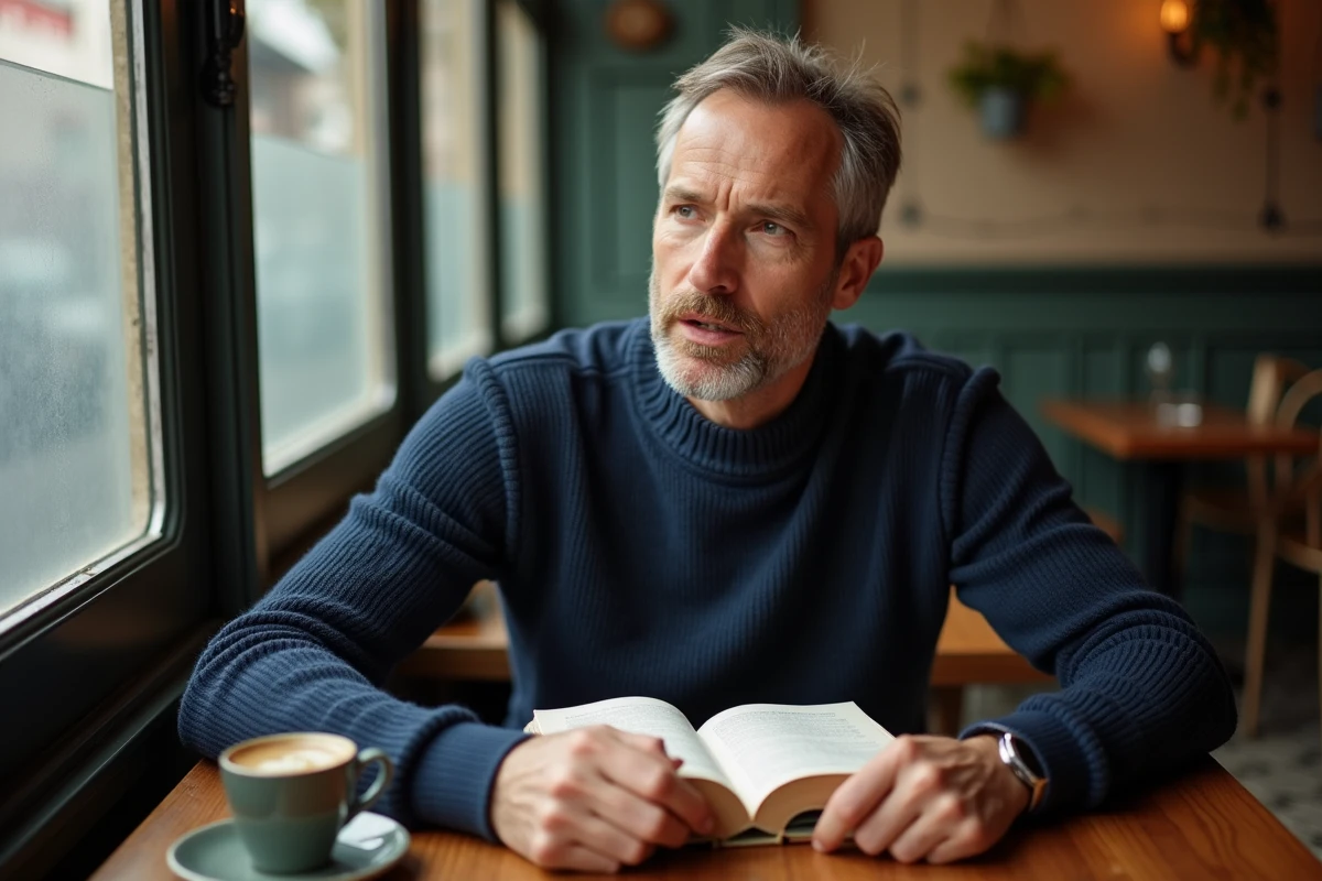 Portrait intimiste d'un homme attablé dans un café parisien, illustrant la personnalité discrète et cultivée du compagnon de Stéphane Marie