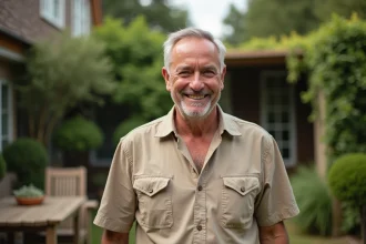 Portrait décontracté d'un homme dans son jardin, illustrant la vie privée du conjoint de Stéphane Marie, animateur de l'émission Silence ça pousse