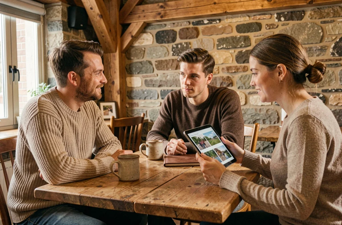 Consultation entre un couple et une photographe de mariage dans un café de Saint-Brieuc