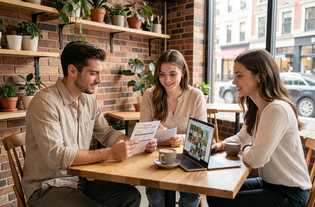 Photographe de mariage présentant ses tarifs à un couple lors d'une consultation dans un café moderne et chaleureux