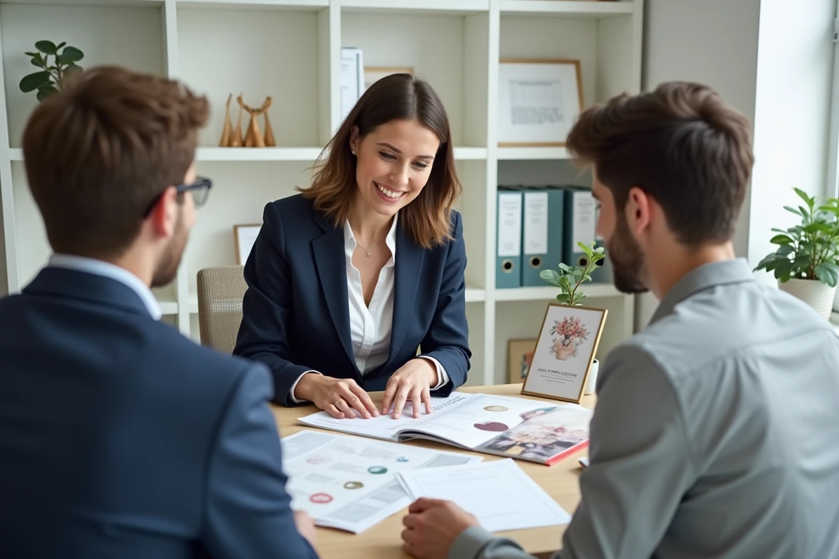 Wedding planner présentant ses tarifs à un jeune couple lors d'une consultation en bureau