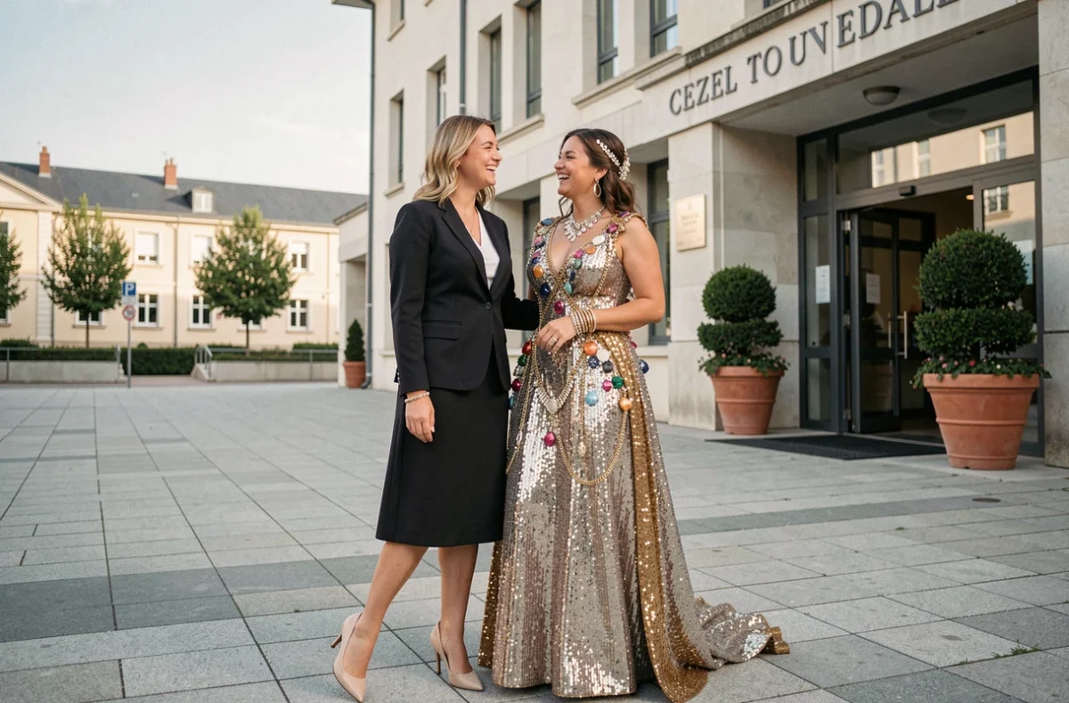 Deux femmes devant une mairie montrant le contraste entre une tenue appropriée et une tenue trop extravagante pour un mariage civil