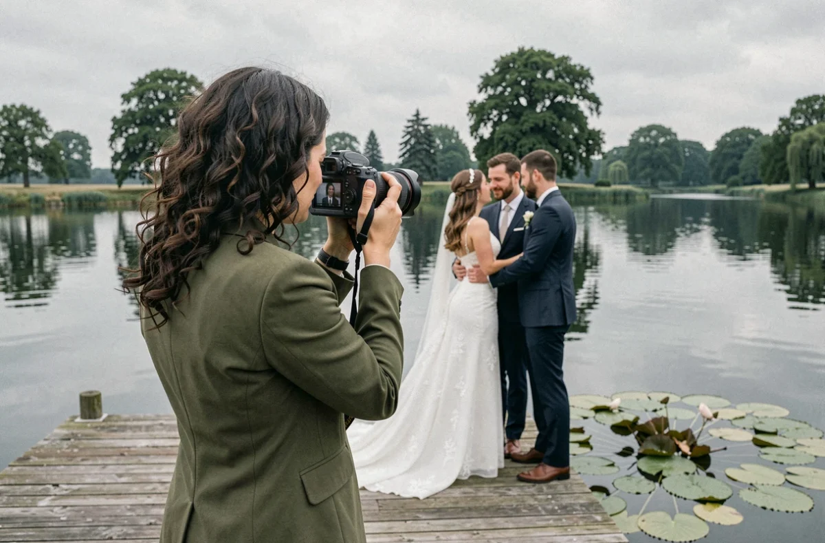 Coralimage, photographe de mariage, en prise de vue sur un ponton au bord d'un lac normand en Seine-Maritime