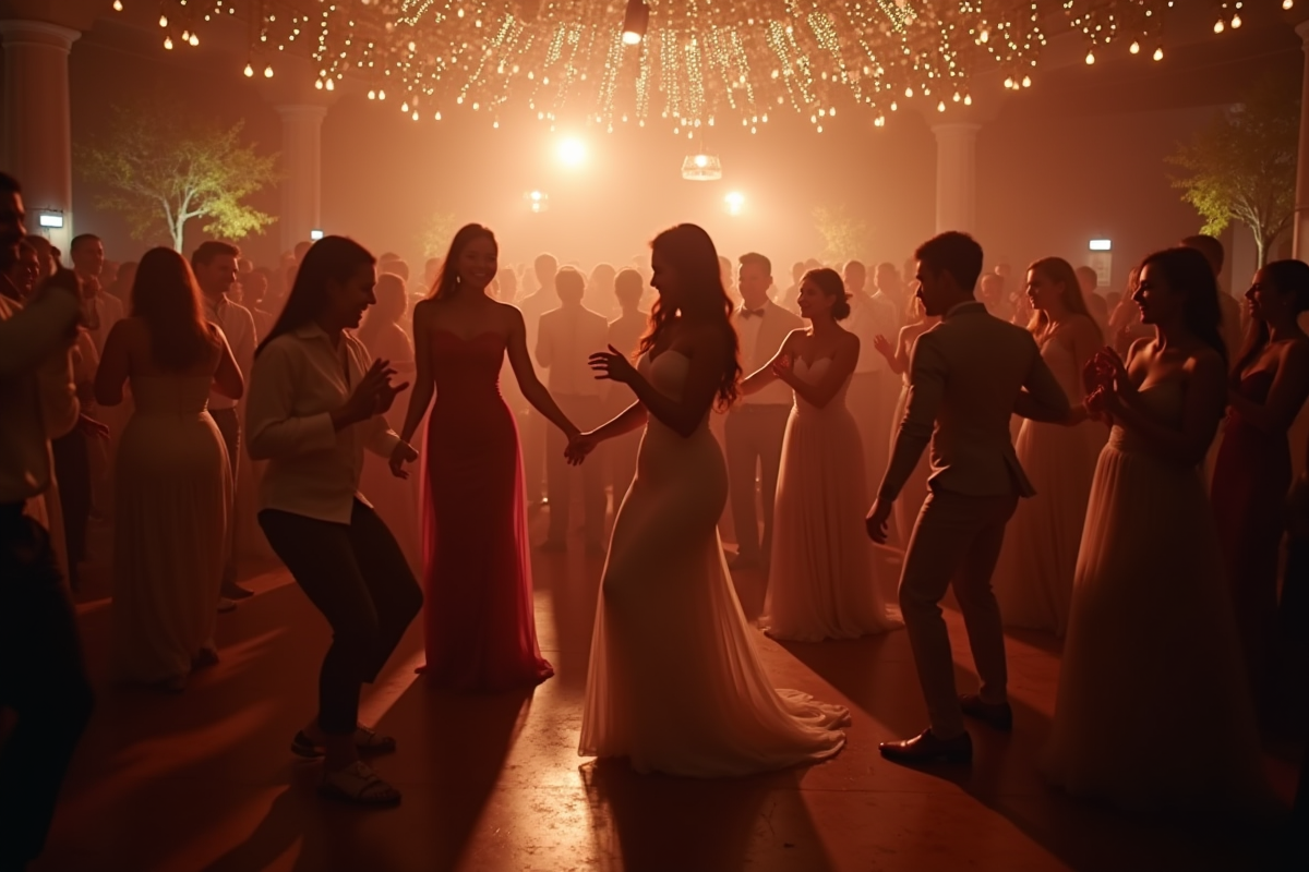 Soirée dansante de mariage avec invités joyeux sous lumières